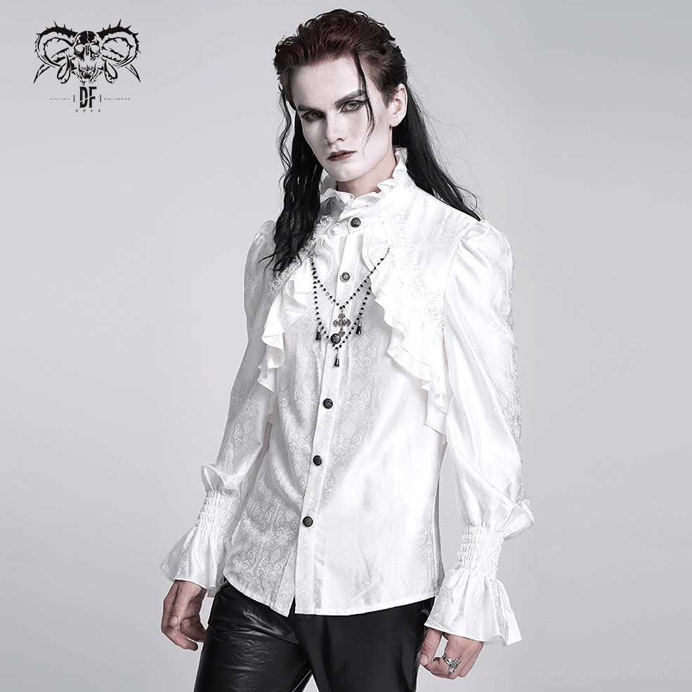 Victorian gothic white ruffled shirt front quarter view highlighting ruffled collar architecture, button placement, front placket decoration, and ornate cuff details