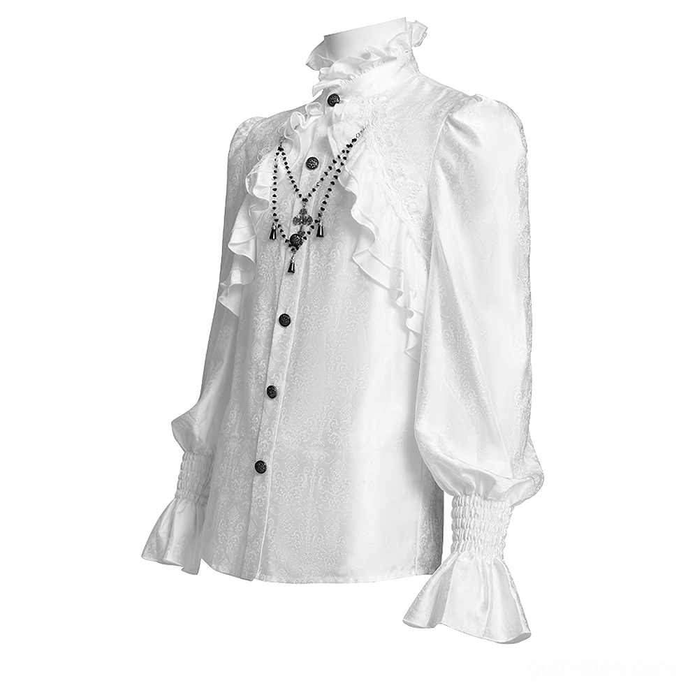 Victorian gothic white ruffled shirt three-quarter front view on dress form, highlighting stand collar with embroidered lace edge, decorative front ruffles, and black vintage button details