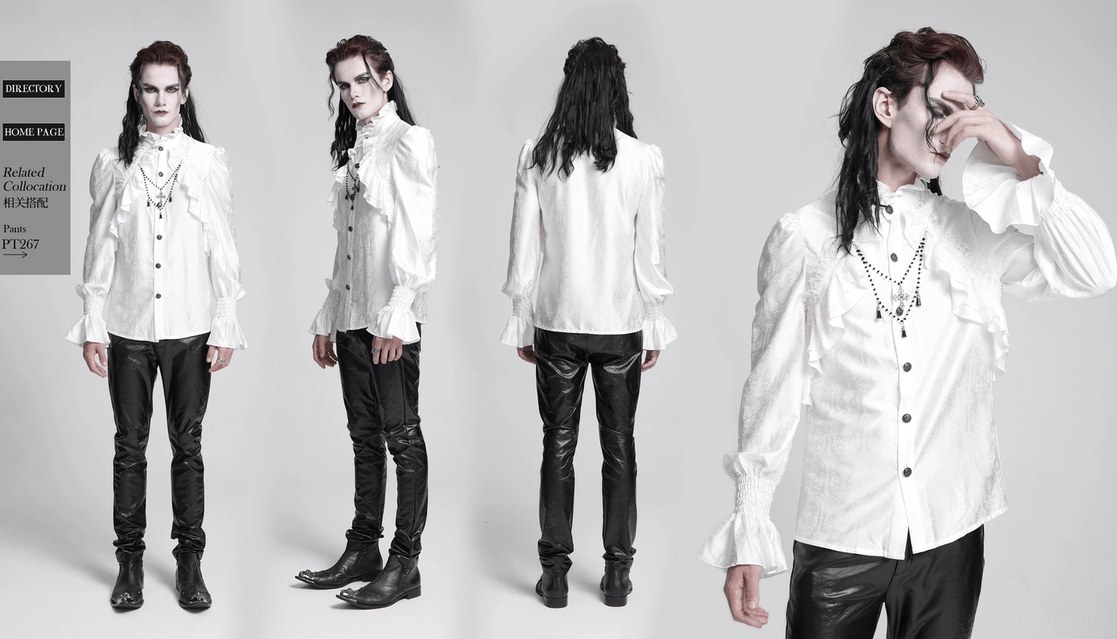 Victorian gothic white ruffled shirt sleeve and cuff detail highlighting bell sleeve shape, smocked construction, ruffle flare, and jacquard fabric texture at wrist