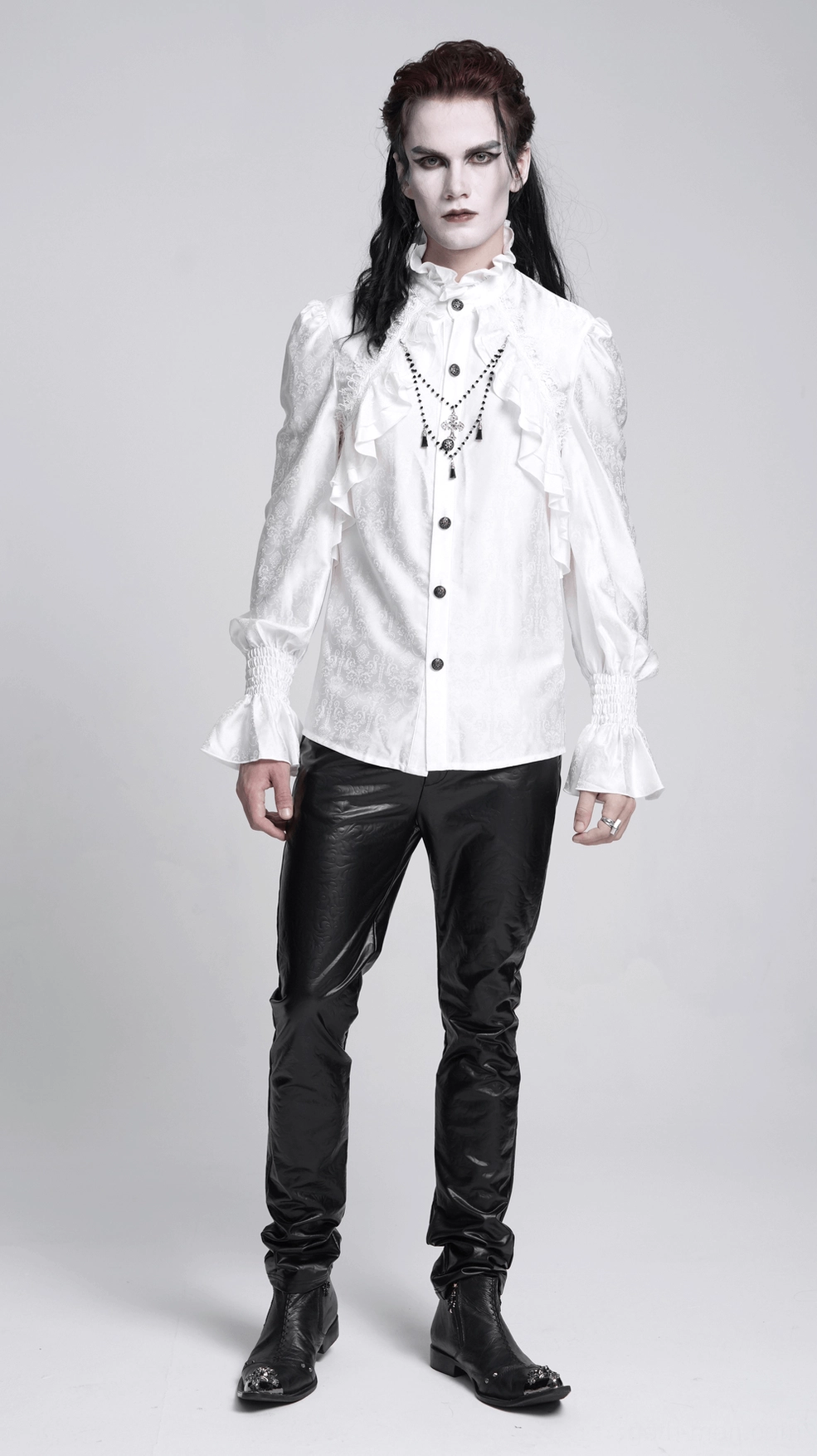 Victorian gothic white ruffled shirt collar and shoulder detail showing stand collar architecture with embroidered lace, ruffled edge, and fitted shoulder seaming