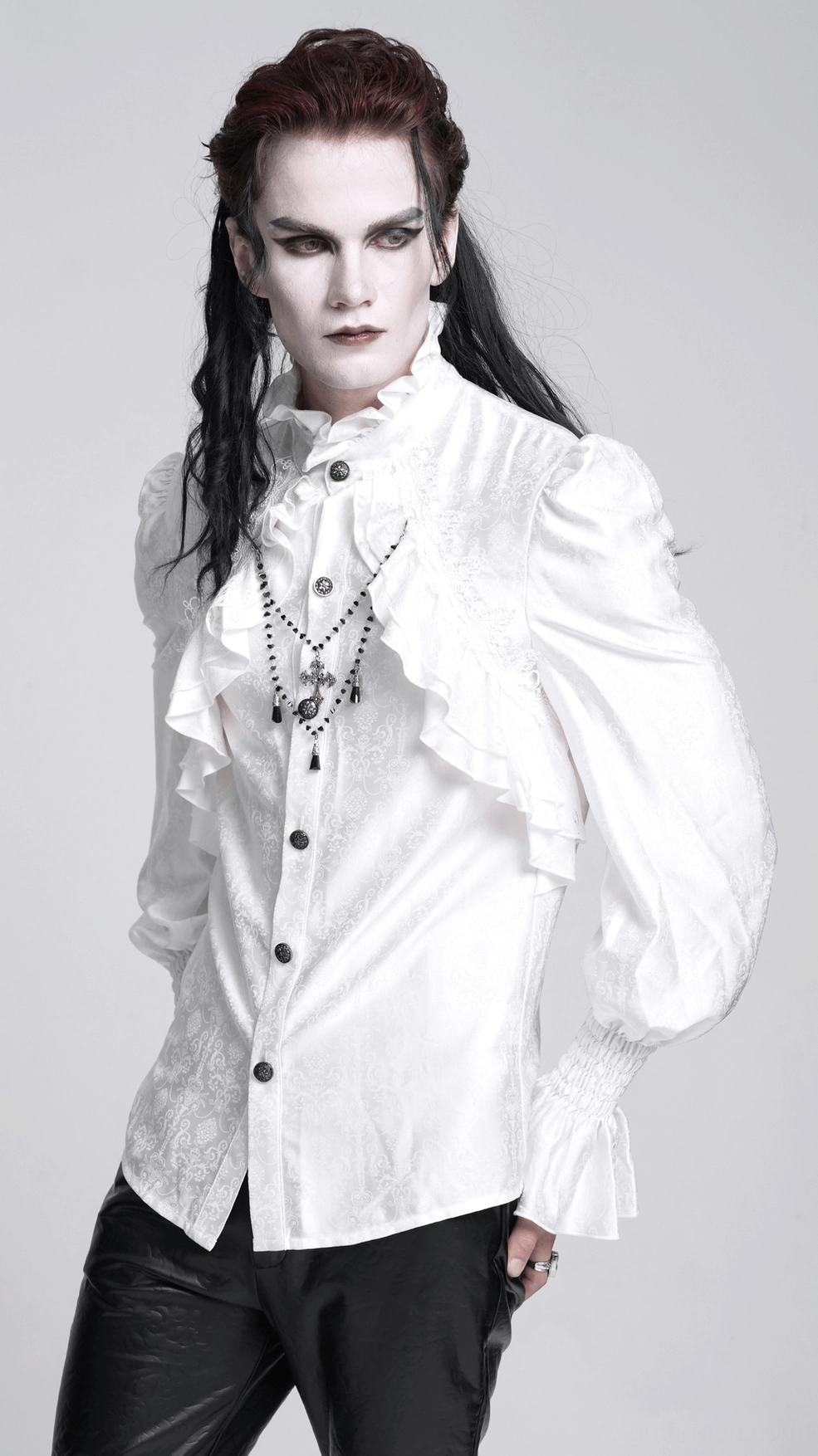 Victorian gothic white ruffled shirt detail showing fitted body construction, front ruffle cascade down placket, and black button alignment with gothic aesthetic symmetry