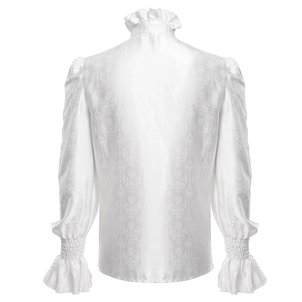 Victorian gothic white ruffled shirt rear ghost mannequin view showing clean back panel with jacquard woven texture, puff sleeves, and smocked bell cuffs with ruffle trim