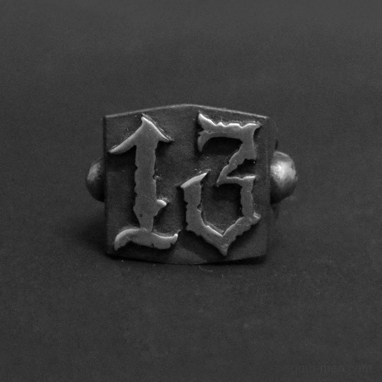 Number 13 gothic punk ring direct front view light text on dark background