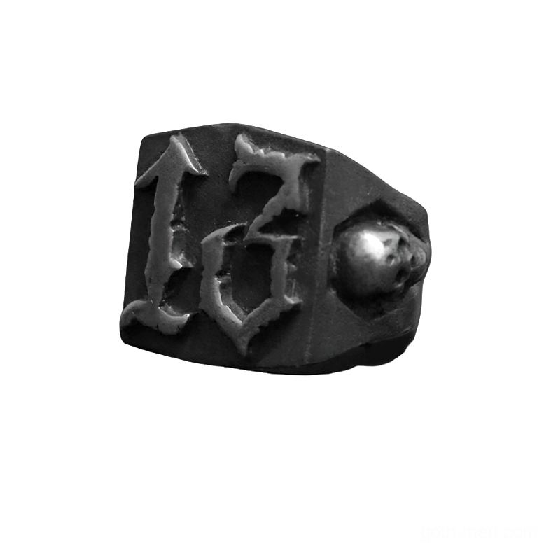 Number 13 gothic ring side angle showing skull embellishment detail on band