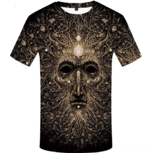 Men's gothic 3D surreal print t-shirt with black base, gilded distorted face and vine texture design, crew neck short sleeve streetwear tee