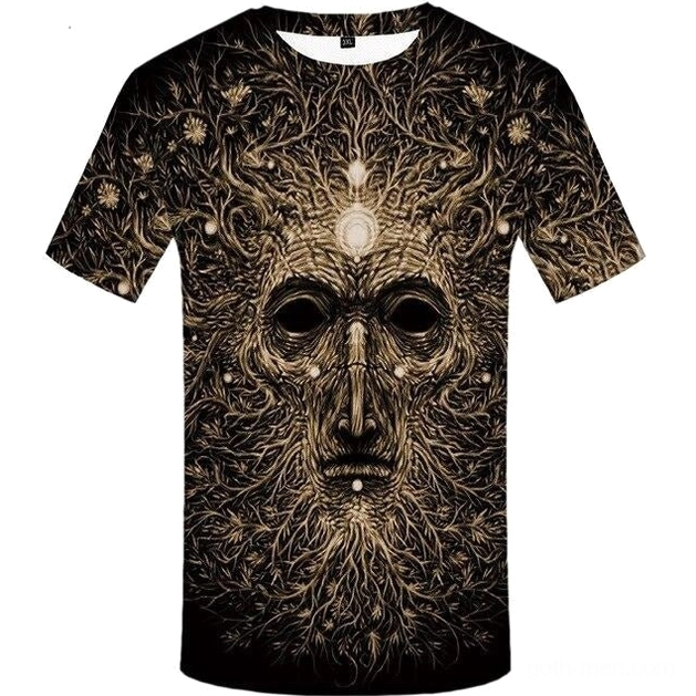 Men's gothic 3D surreal print t-shirt with black base, gilded distorted face and vine texture design, crew neck short sleeve streetwear tee