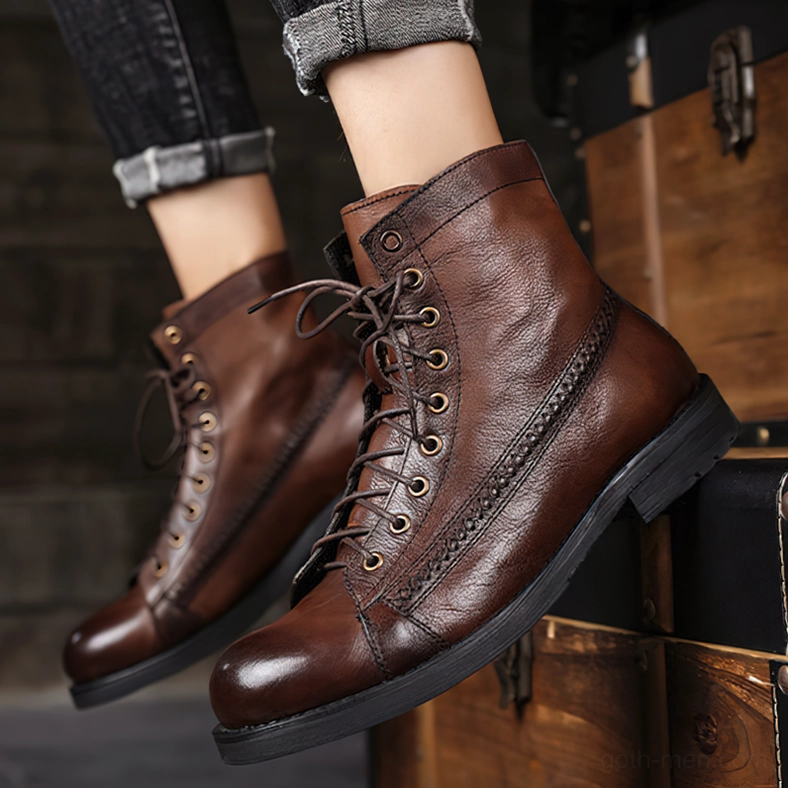 Gothic combat boots brown and black lace-up ankle boots for alternative men