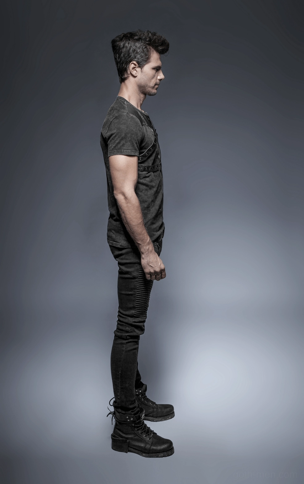 Gothic lace-up harness black t-shirt alternative fashion punk rock style full view