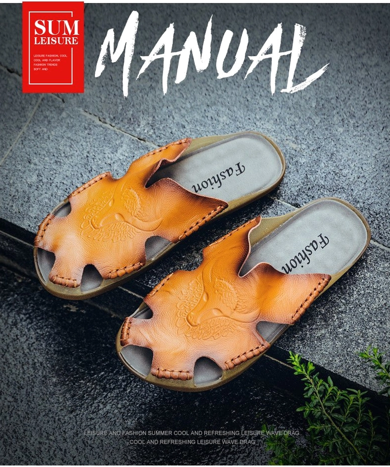 Gothic alternative fashion leather slide sandals for men with distinctive hand-crafted details