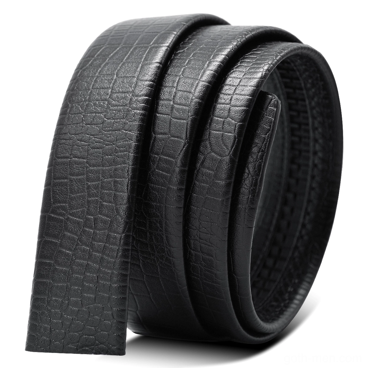 Unbuckled black leather strap with crocodile embossed texture showing coiled design and full strap length