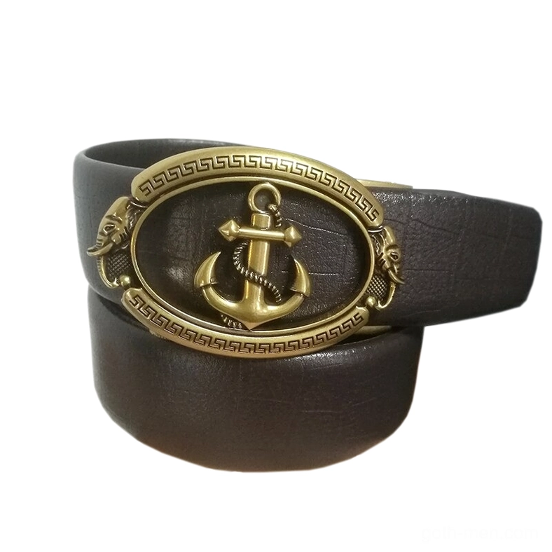 Dark brown leather belt with gold vintage anchor buckle and cowhide texture, front flat studio shot