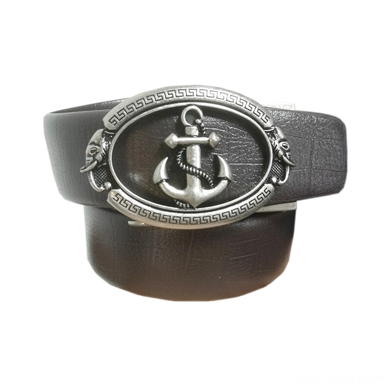 Brown cowhide leather belt with vintage silver anchor buckle, front flat display view