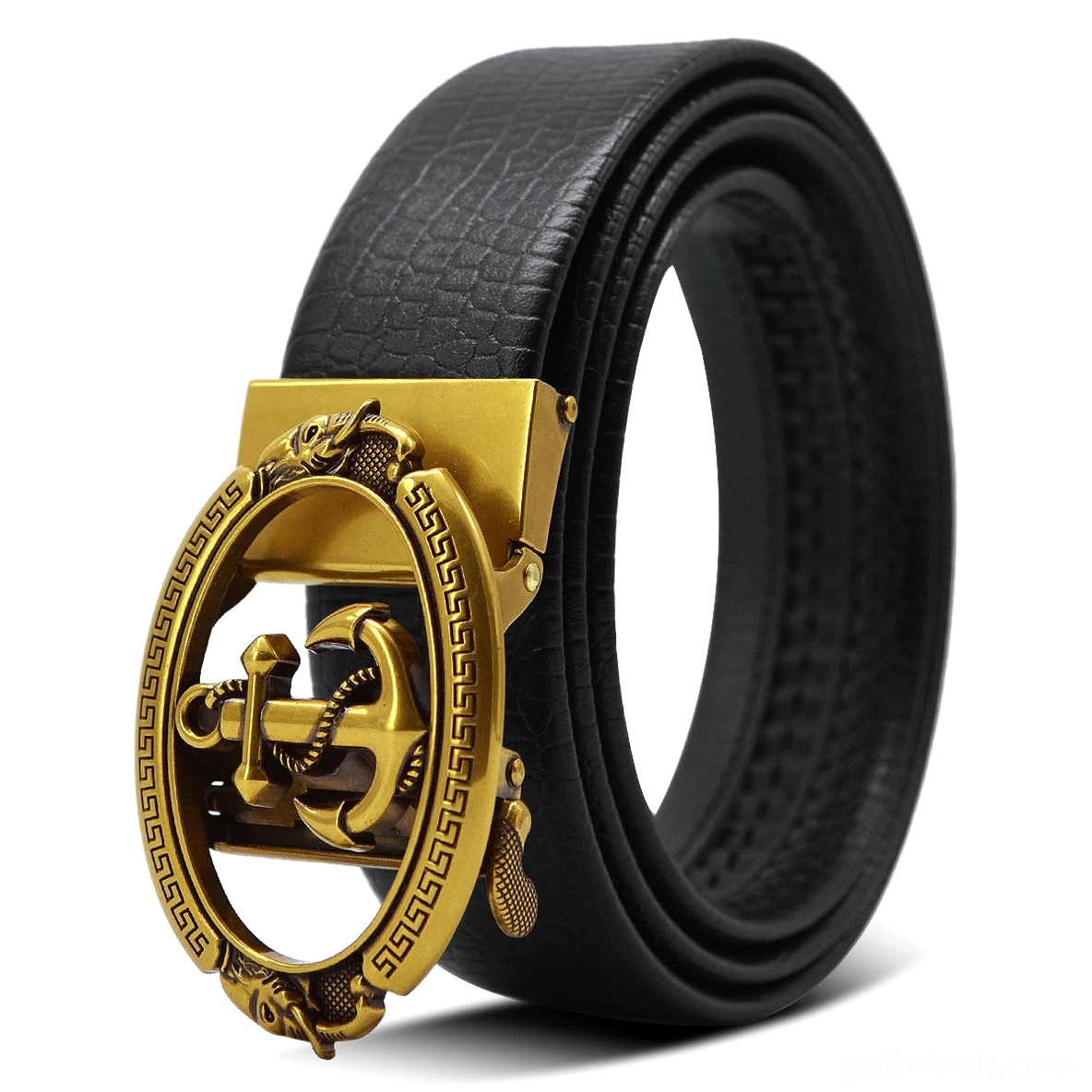 Coiled black leather gothic belt with hollow gold anchor buckle and automatic fastener, side oblique angle