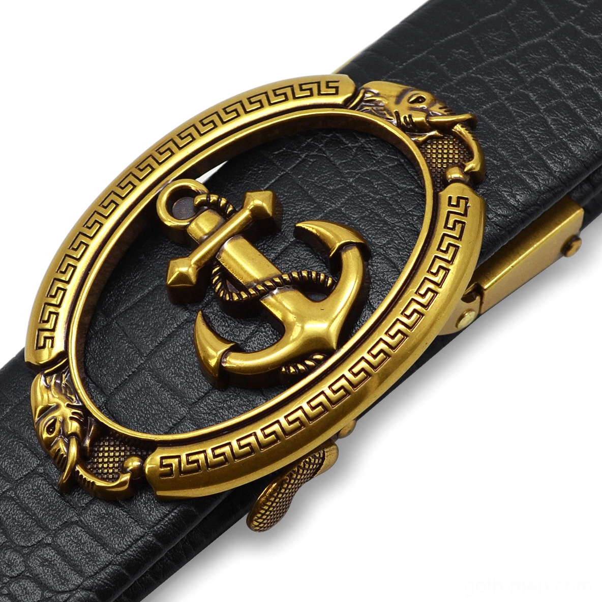 Brushed gold anchor buckle detail on gothic leather belt with vintage ornament and polished finish