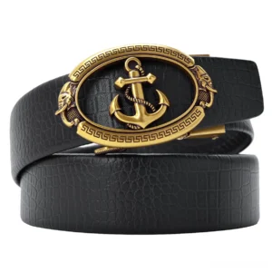 Gold anchor buckle vintage leather belt with crocodile embossed texture and Greek key frame details, flat lay top view