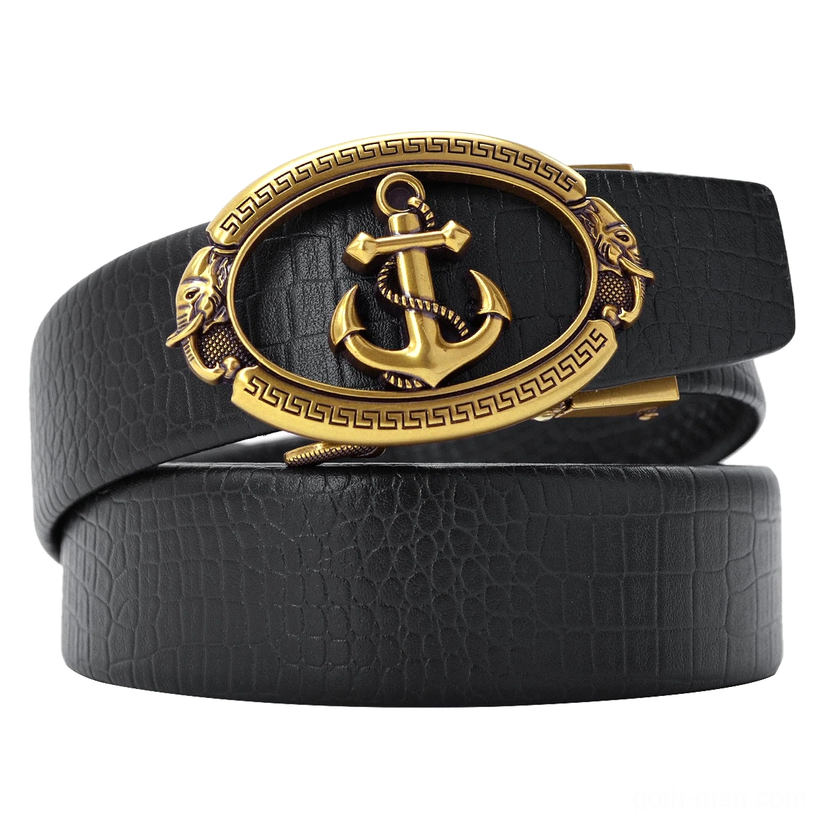 Gold anchor buckle vintage leather belt with crocodile embossed texture and Greek key frame details, flat lay top view