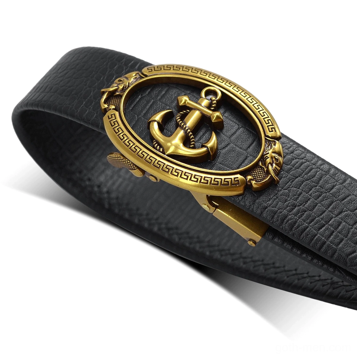 Black leather belt with brushed gold vintage anchor buckle and croc texture detail, low side perspective