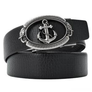 Silver anchor buckle vintage leather belt with black croc embossed leather and ornamental frame, flat lay studio view