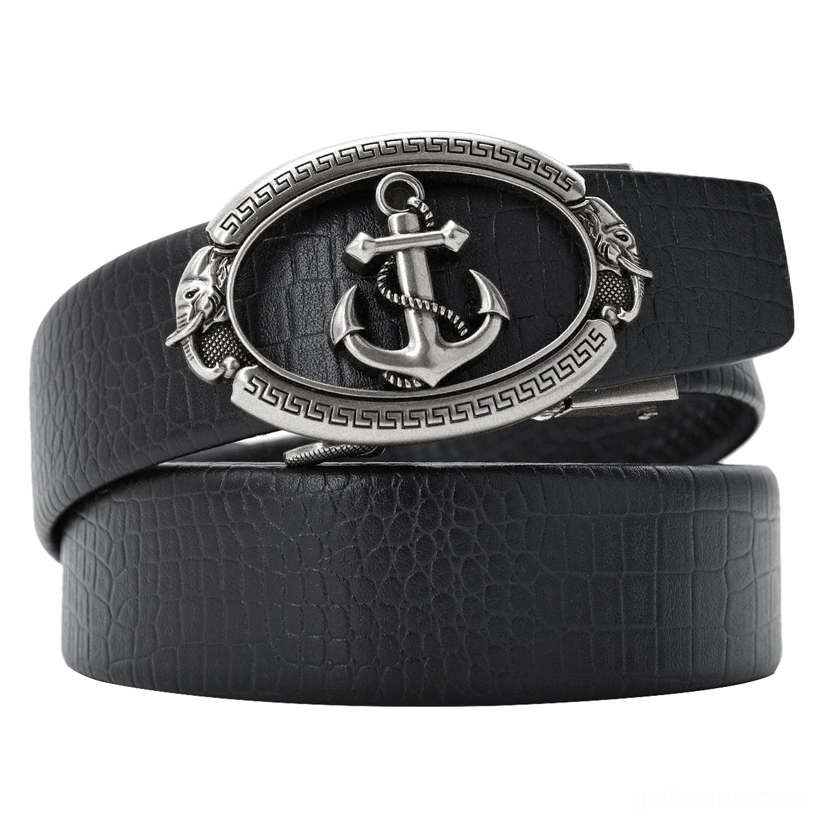 Silver anchor buckle vintage leather belt with black croc embossed leather and ornamental frame, flat lay studio view