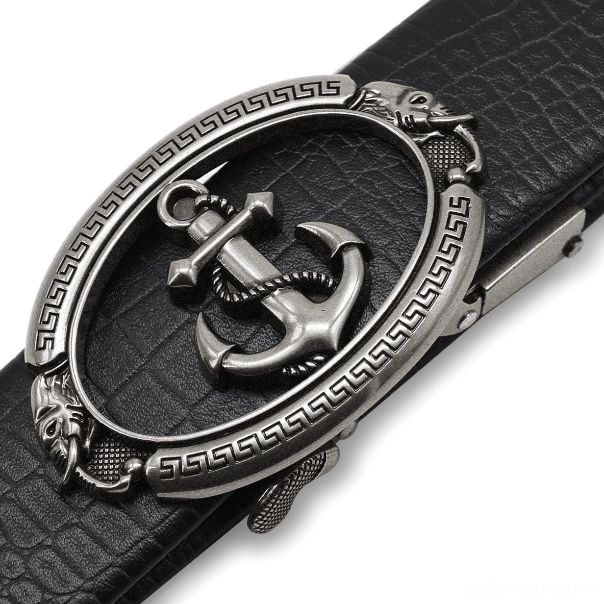 Black leather belt with silver anchor buckle, Greek key decorative frame and nautical-gothic styling, close-up side