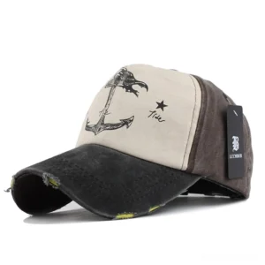 Black and brown distressed 5-panel gothic anchor baseball cap with frayed brim, front left view