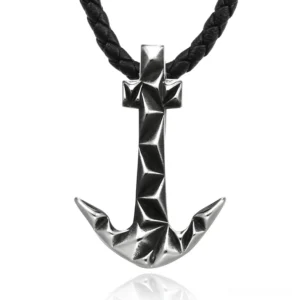 Gothic faceted stainless steel anchor pendant necklace with black braided leather chain, front flat lay view on white background