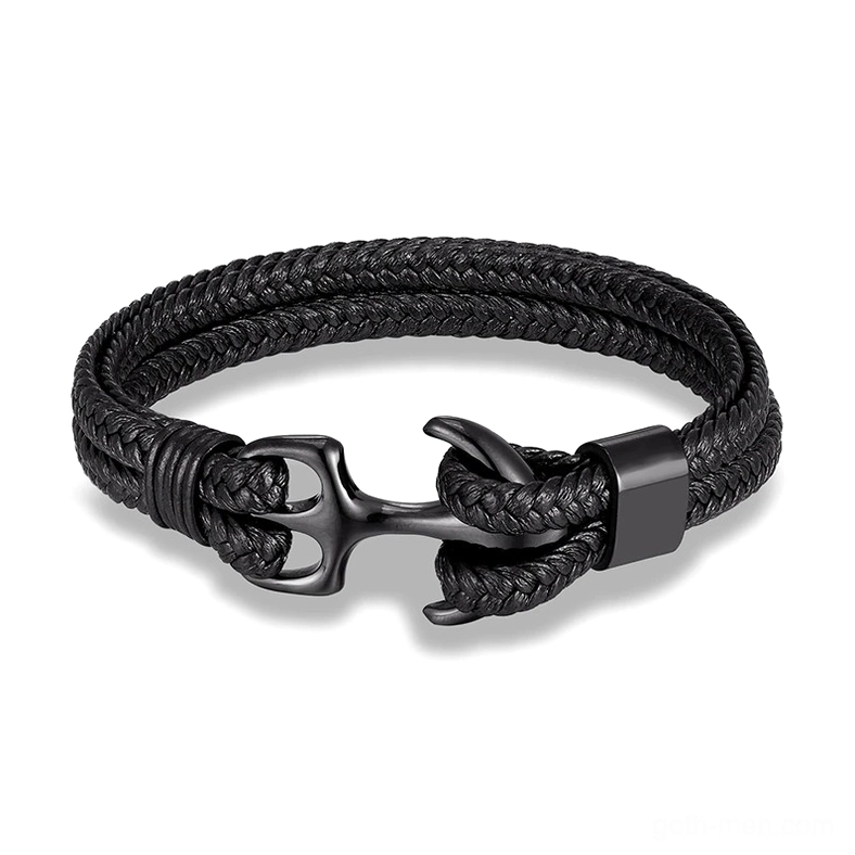 Black matte stainless steel anchor bracelet with black genuine leather braided rope cord, top-down view