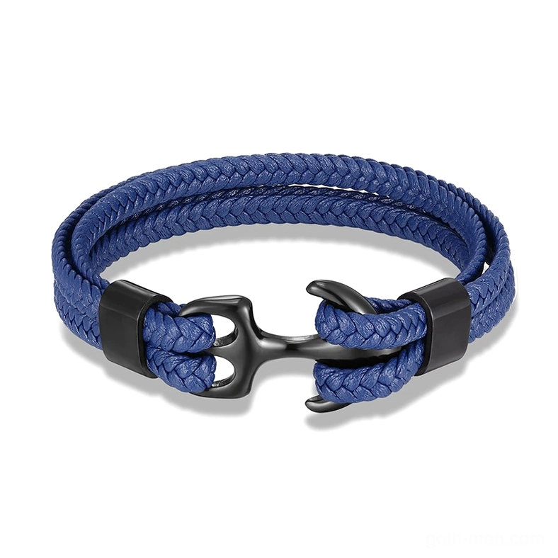 Black matte stainless steel anchor charm on blue leather rope bracelet, gothic style jewelry