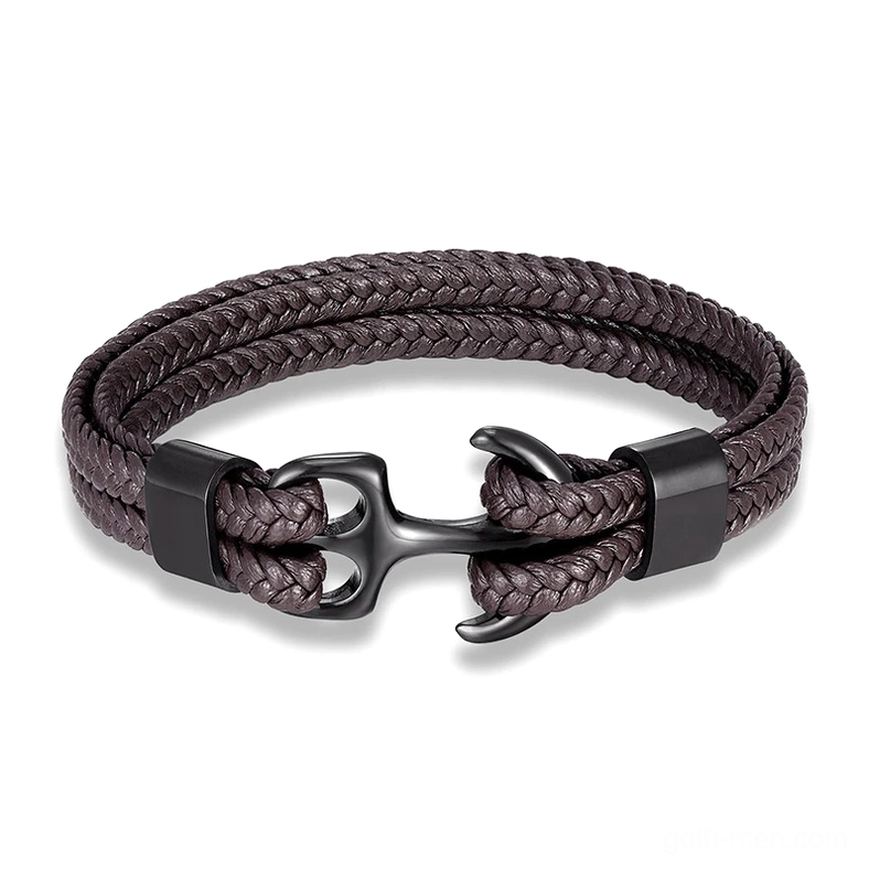 Black matte stainless steel anchor bracelet with dark brown leather rope cord, gothic fashion