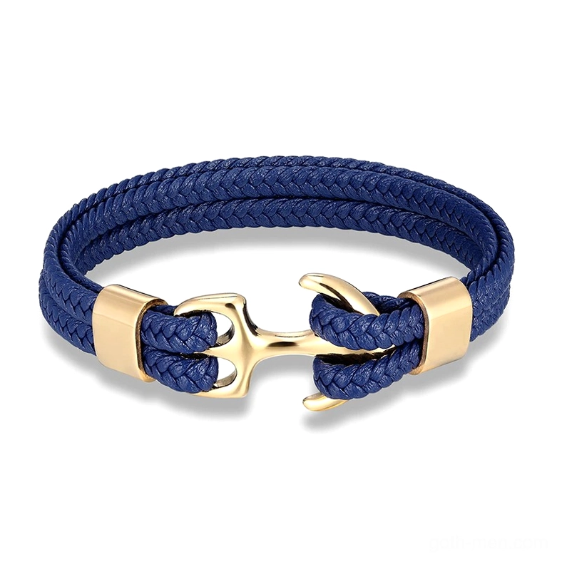 Gold polished anchor hardware with blue genuine leather braided rope, goth men's bracelet