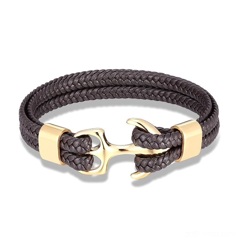 Gold polished anchor charm on dark brown genuine leather rope, gothic anchor bracelet for men