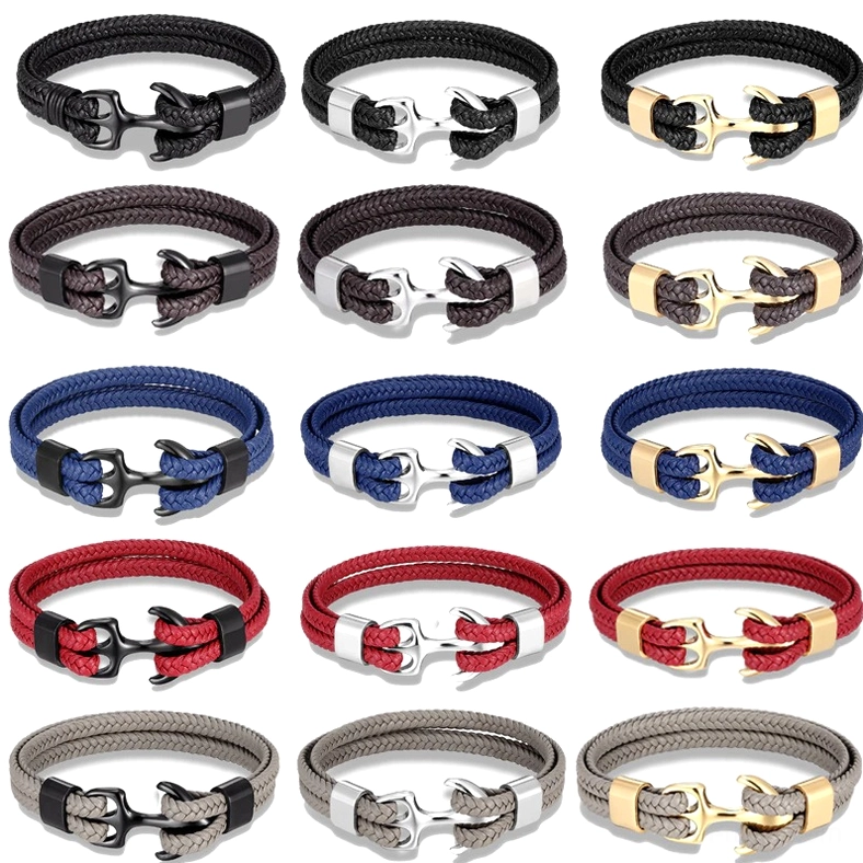 Braided genuine leather rope anchor bracelet showing easy-hook clasp closure system