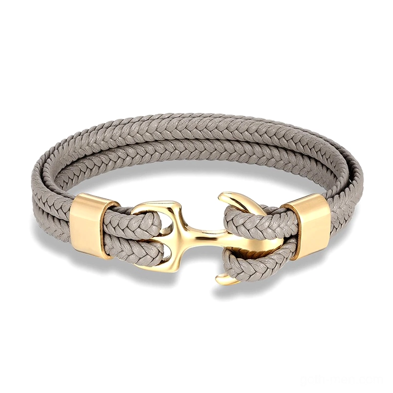 Gothic anchor rope bracelet close-up showing leather braiding texture and stainless steel clasp
