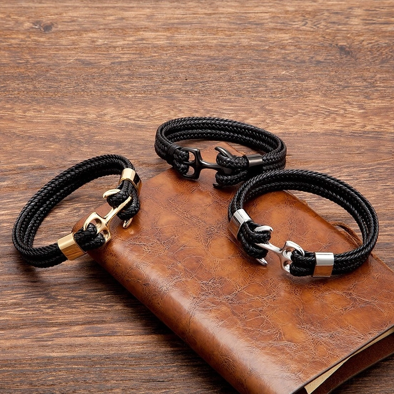Gothic anchor rope bracelet materials showcase stainless steel and genuine leather components