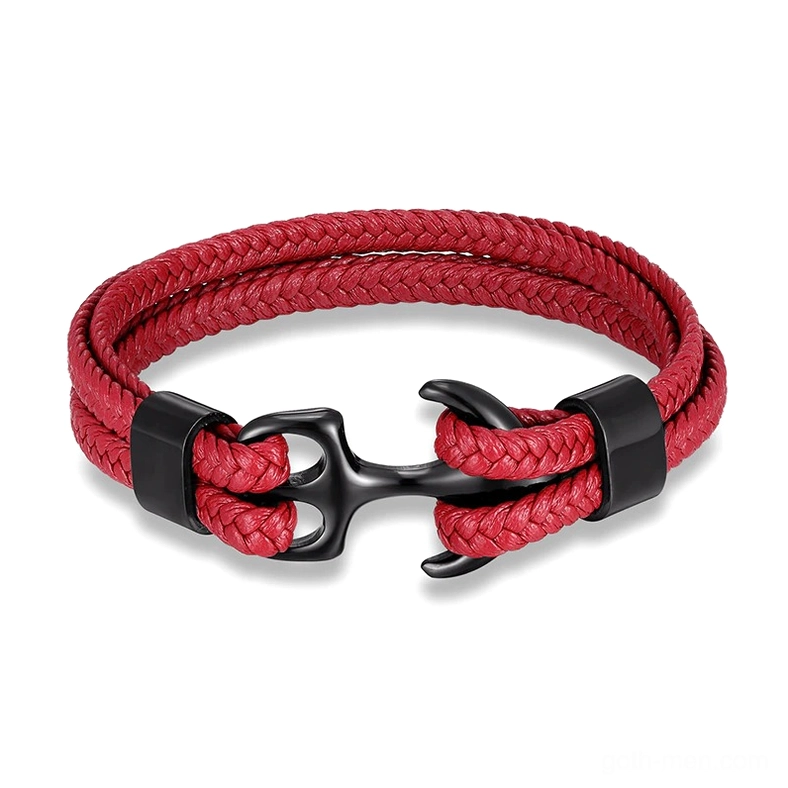 Red style 01 anchor rope bracelet featuring genuine leather cord and polished stainless steel anchor