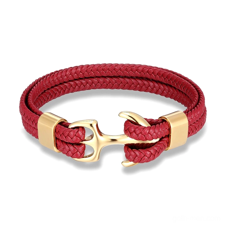 Red style 02 gothic anchor rope bracelet with leather weave and stainless steel hardware