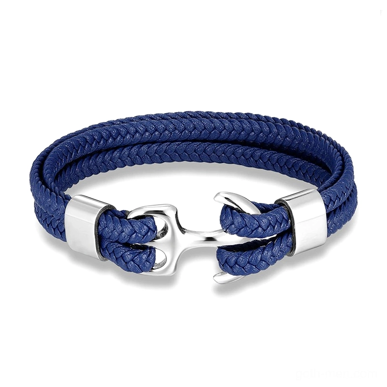Silver polished stainless steel anchor on blue woven leather rope bracelet, alternative jewelry