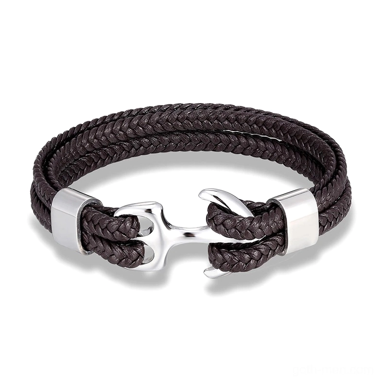 Silver polished stainless steel anchor with brown woven leather rope, goth aesthetic jewelry