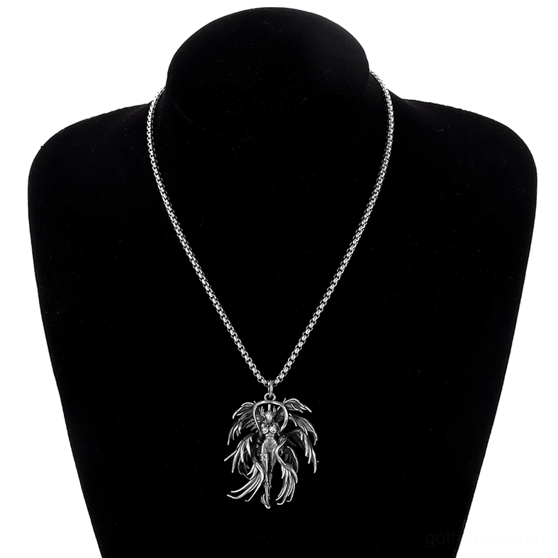 Gothic angel pendant necklace worn on black display bust mannequin, showcasing how the pendant sits at chest level with chain