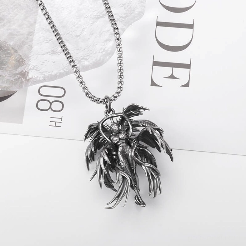 Gothic winged angel pendant necklace angled front view on white background, displaying natural hanging chain presentation and pendant positioning