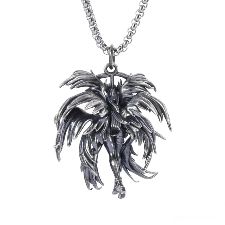 Close-up detail of gothic winged angel pendant showing multi-layered intricate wing structure and stainless steel craftsmanship
