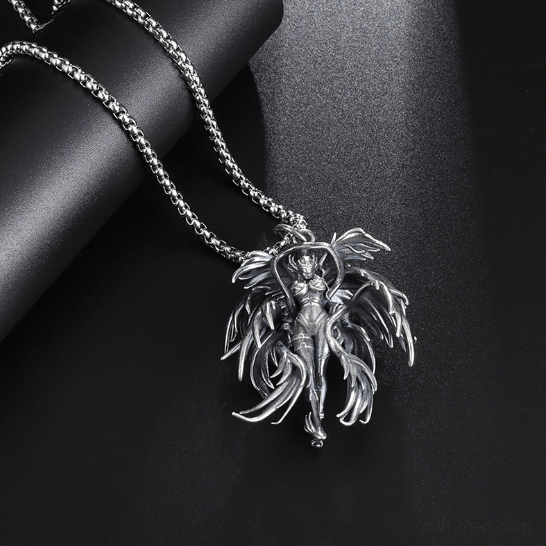 Gothic winged angel pendant necklace side angled view on dark leather background, coordinating with dark aesthetic styling