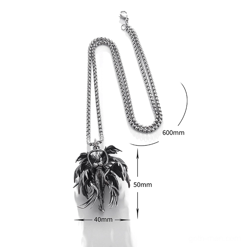 Gothic winged angel pendant necklace size reference flat lay with measurement markers, showing 60cm chain length and 50x40mm pendant dimensions