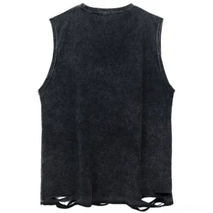 Distressed gothic tank top men's back view flat lay showing frayed hem and washed black fabric