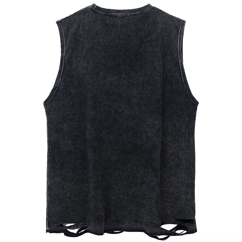 Distressed gothic tank top men's back view flat lay showing frayed hem and washed black fabric
