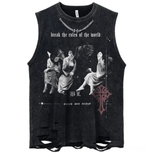 Gothic angel distressed tank top for men with chain detail, front full view flat lay showing ripped hem and graphic print