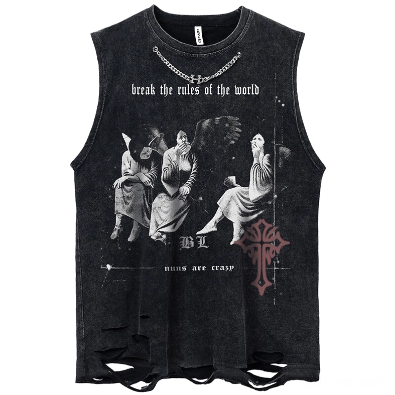 Gothic angel distressed tank top for men with chain detail, front full view flat lay showing ripped hem and graphic print