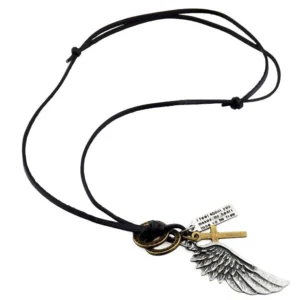 Black leather gothic angel wing choker necklace with silver metal cross and symbol charms on white background, flat lay front view showing adjustable cord