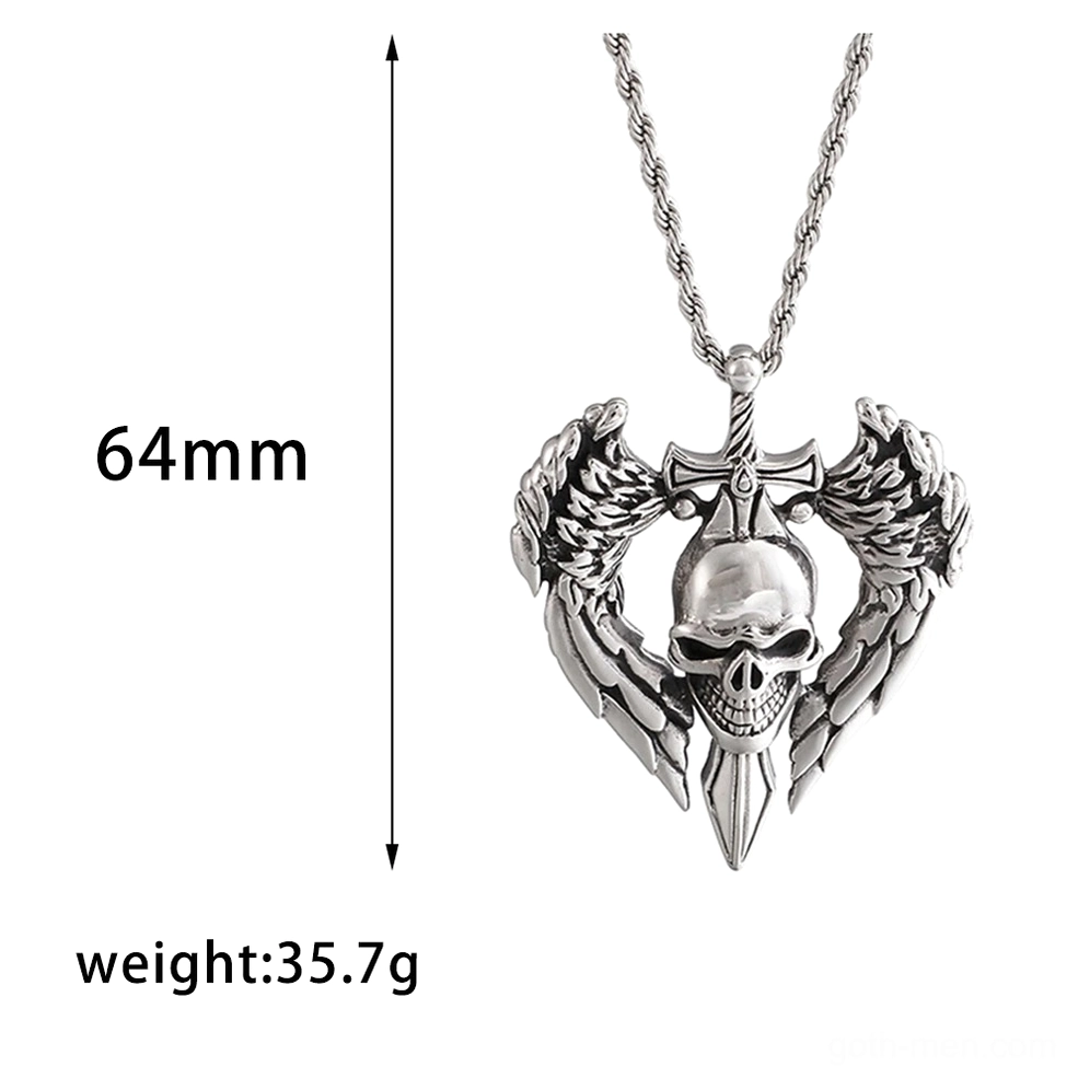 Silver winged skull pendant necklace flat lay front view with white background highlighting wing and skull carvings