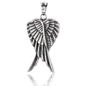 Gothic overlapped angel wings necklace pendant back view showing S-STEEL stamp heart backplate